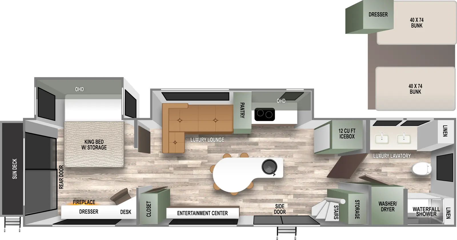 The RVS3 has one slideout and two entries. Interior layout front to back: full bathroom with linen closets, luxury lavatory with two sinks, waterfall shower, and washer/dryer; loft with two bunks and a dresser above the bathroom; off-door side icebox, and slideout with kitchen counter with cooktop, overhead cabinet, pantry, and luxury lounge; kitchen island with sink and seating; door side storage, stairs to loft, side door entry, entertainment center, and closet; rear bedroom with off-door side side-facing king bed slideout with storage and overhead cabinet, door side work area with desk, dresser and fireplace below, and rear door that leads to a sun deck with steps.